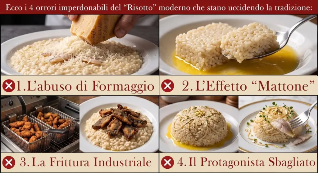 I 4 errori comuni nella preparazione del finto risotto al pesce persico, a confronto con la vera ricetta del riso tradizionale.