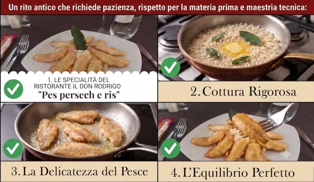 Le fasi di preparazione del tradizionale Pes persech e ris servito a Lecco: dalla doratura del pesce alla rigorosa cottura del riso.