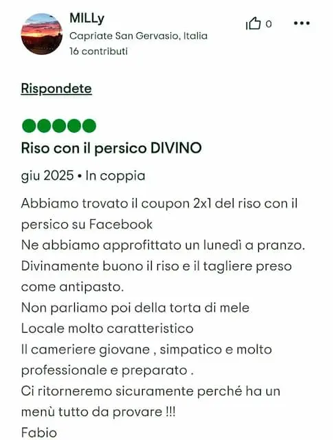Recensione a 5 stelle Riso con il persico divino .
Divinamente buono il riso e il tagliere preso come antipasto.